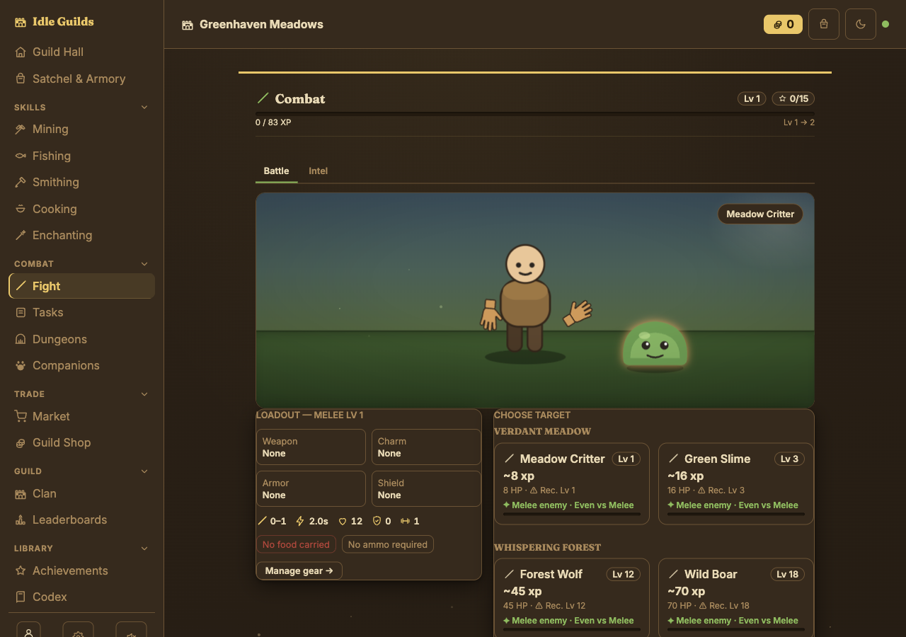 Idle Guilds combat screen showing an adventurer facing a green slime, with loadout and target choices below.