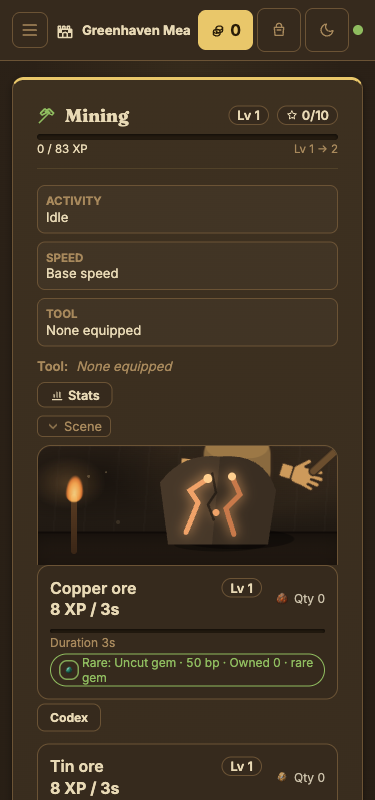 Narrow mobile view of the Idle Guilds mining screen with the activity summary, scene, and ore cards stacked vertically.