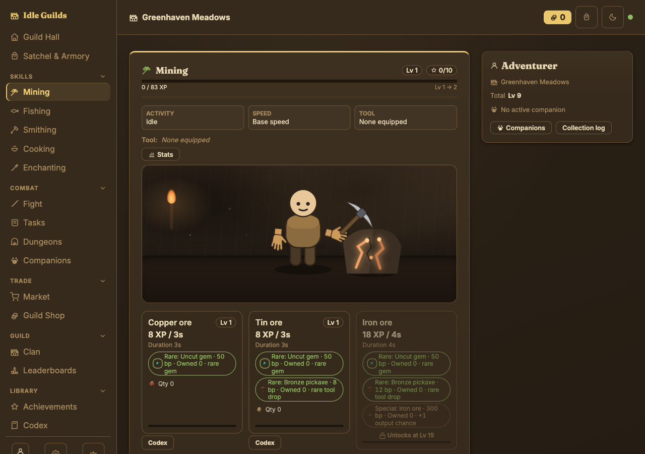 Idle Guilds mining screen with a character beside an ore node and a list of ore activities and rewards.
