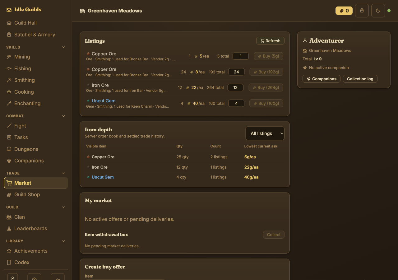 Idle Guilds market screen with fictional ore and gem listings, item depth, and player order controls.
