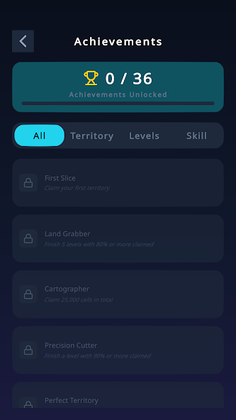 LandSlicer achievements screen with filters for territory, levels, and skill