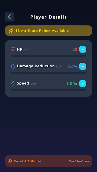 LandSlicer player details screen for allocating health, damage reduction, and speed attributes